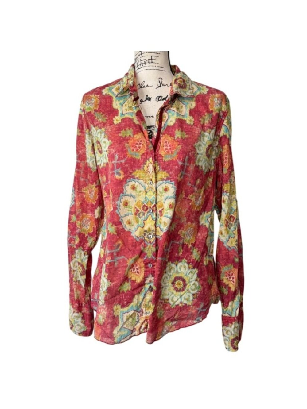 Cino Womens Size M Red Floral Button-Up Top Long Sleeve Size Blouse Cotton